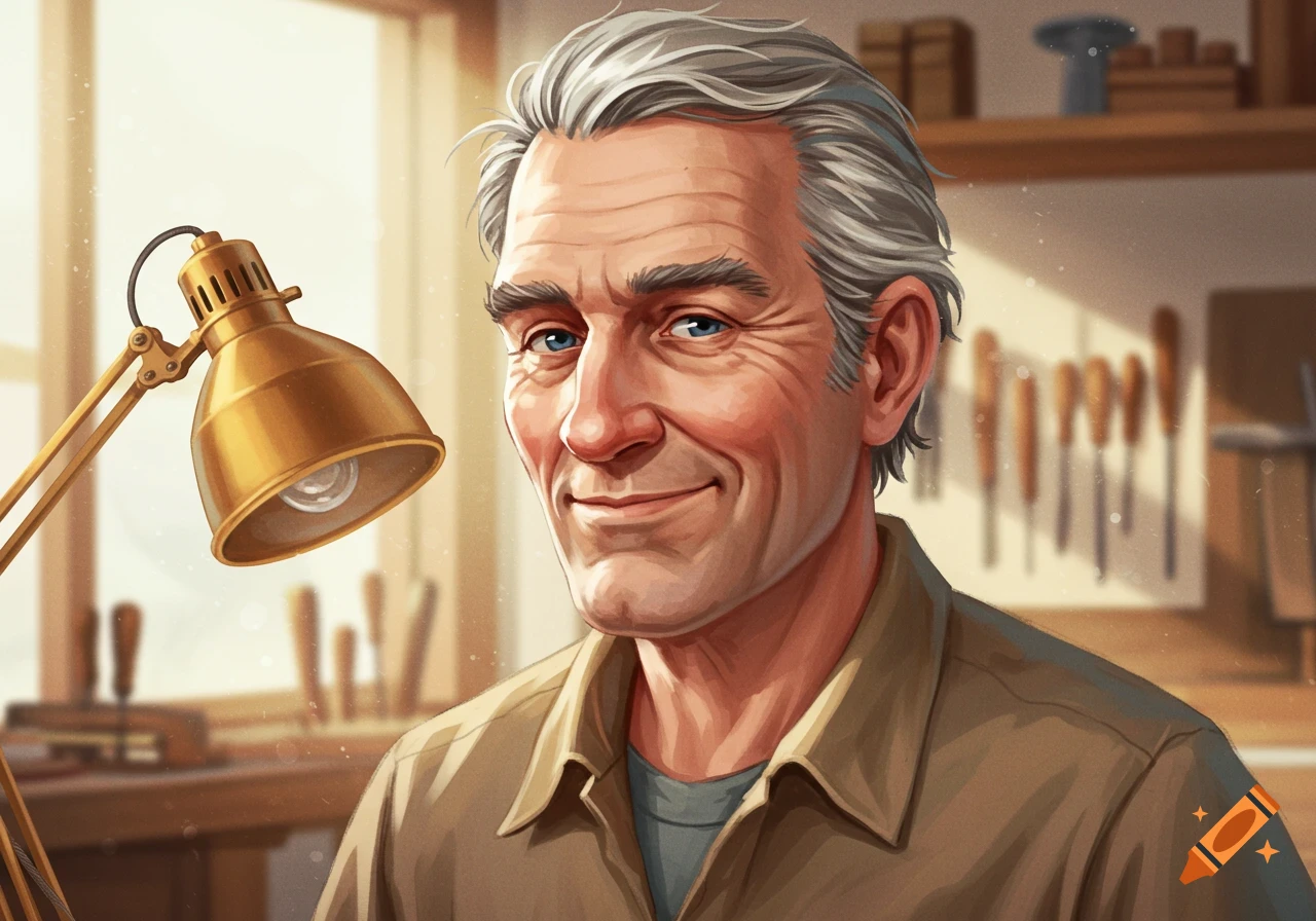 Close-up portrait of a smiling older man in a workshop setting with a lamp.