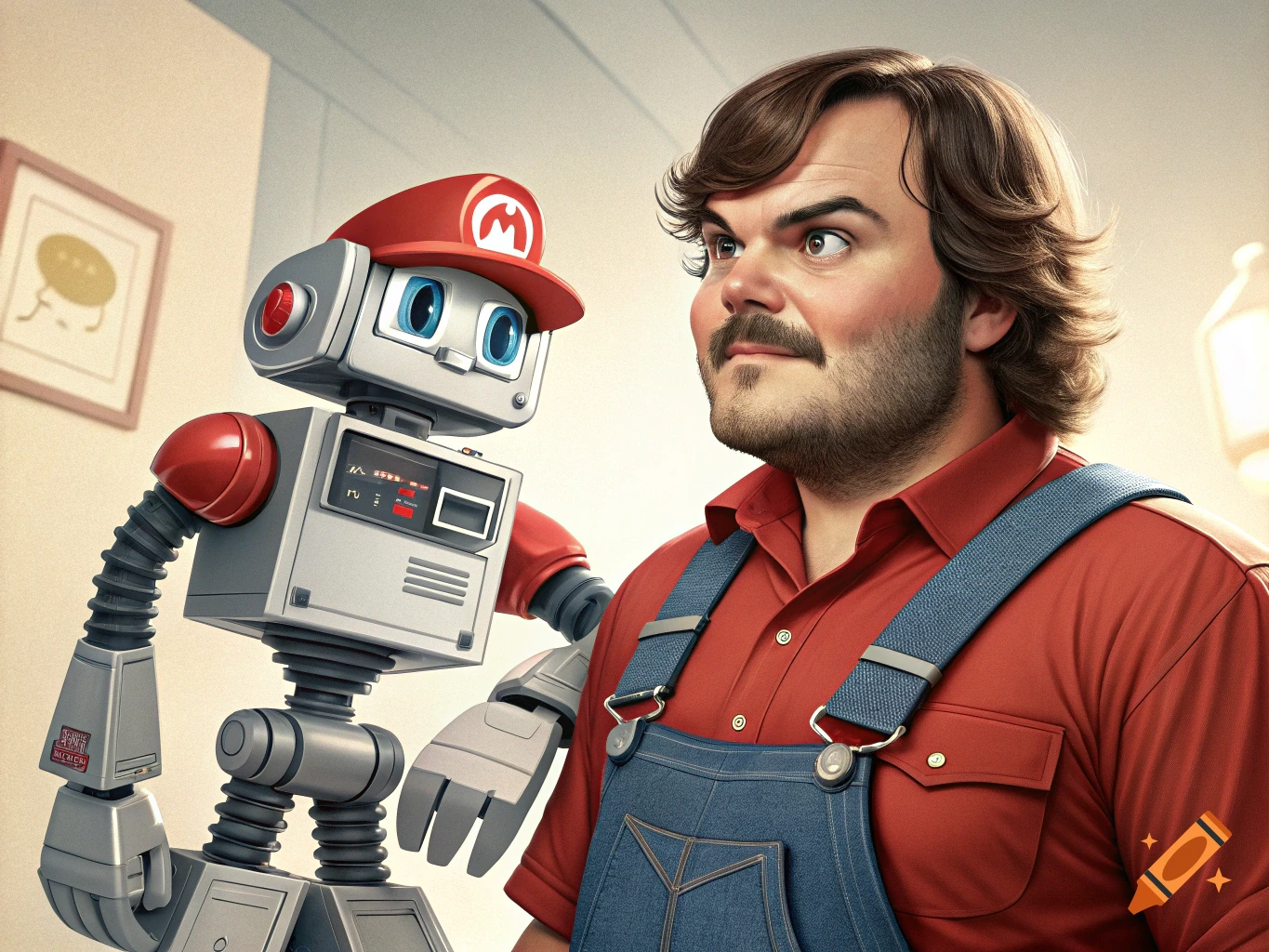 Jack Black dressed in a red shirt and overalls standing next to a R.O.B. robot wearing a Mario hat.