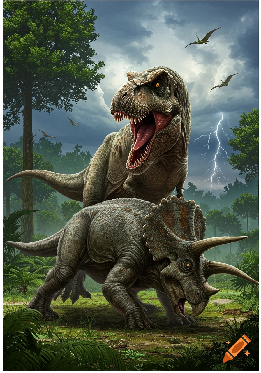 A Tyrannosaurus Rex roars over a Triceratops in a jungle during a thunderstorm with lightning and pterodactyls.