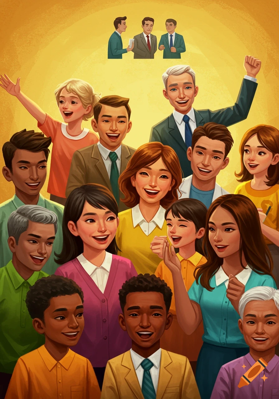 Illustration of a diverse group of happy people of different ages and backgrounds smiling and looking upwards.