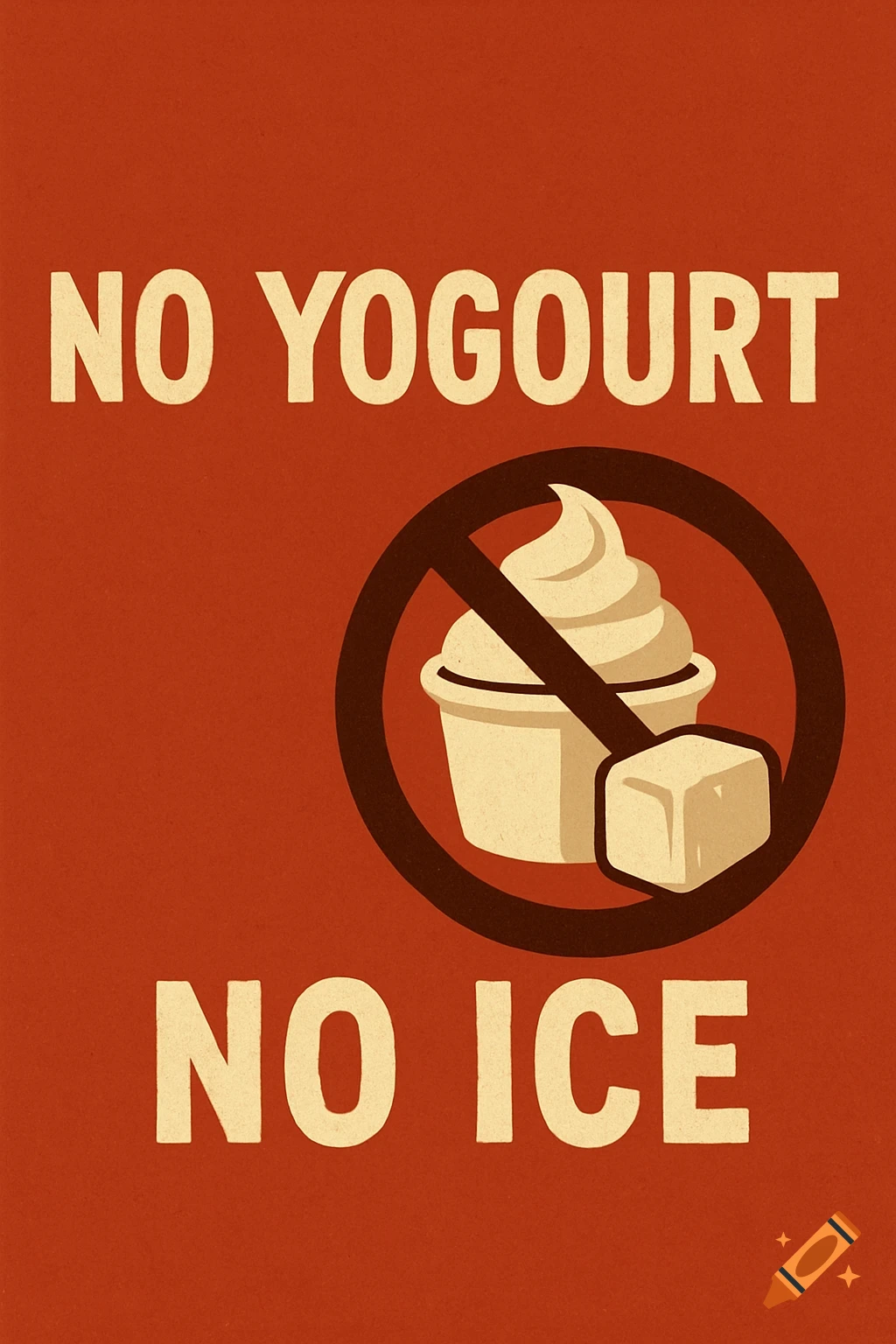 Poster with "NO YOGOURT NO ICE" text and a crossed-out yogurt/ice cream icon.