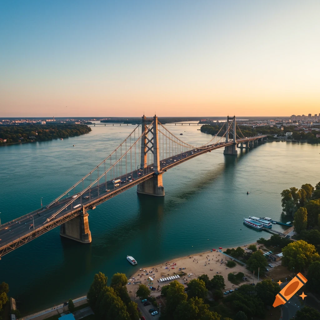Aerial view of a suspension bridge over a river at sunset with cars, boats, and a beach.