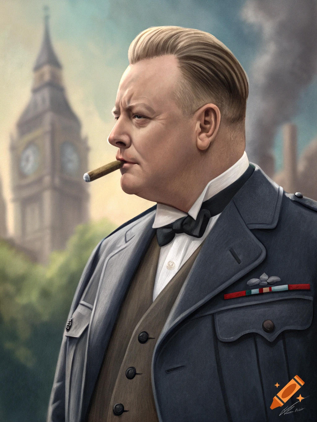 Portrait of a man resembling Winston Churchill smoking a cigar, with Big Ben in the background, painted style.