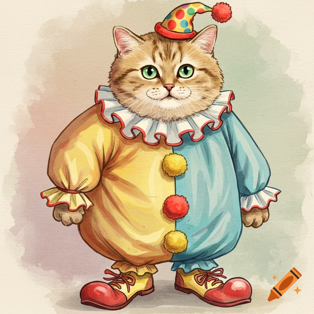 Watercolor painting of a tabby cat in a clown costume.