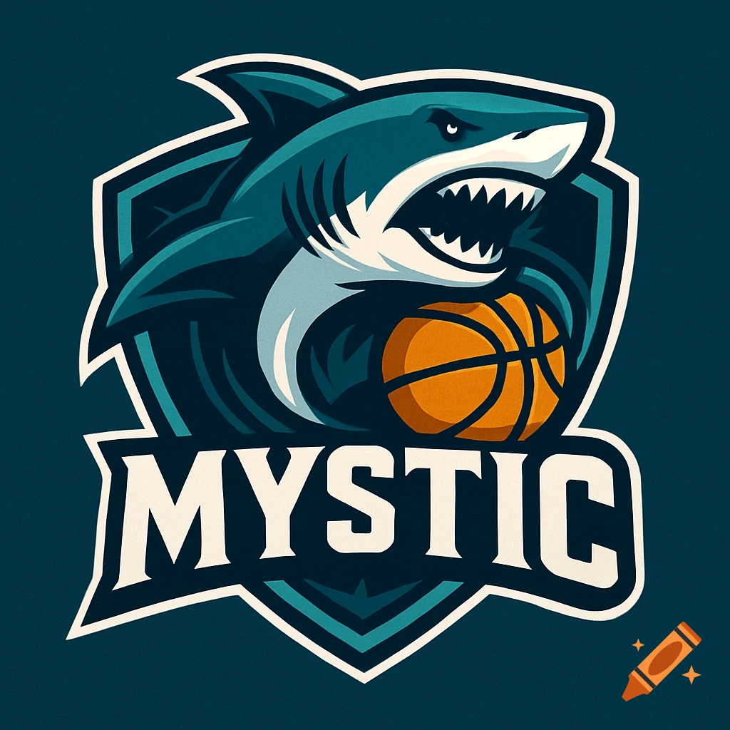 Logo of a stylized shark holding a basketball with the text MYSTIC below it.