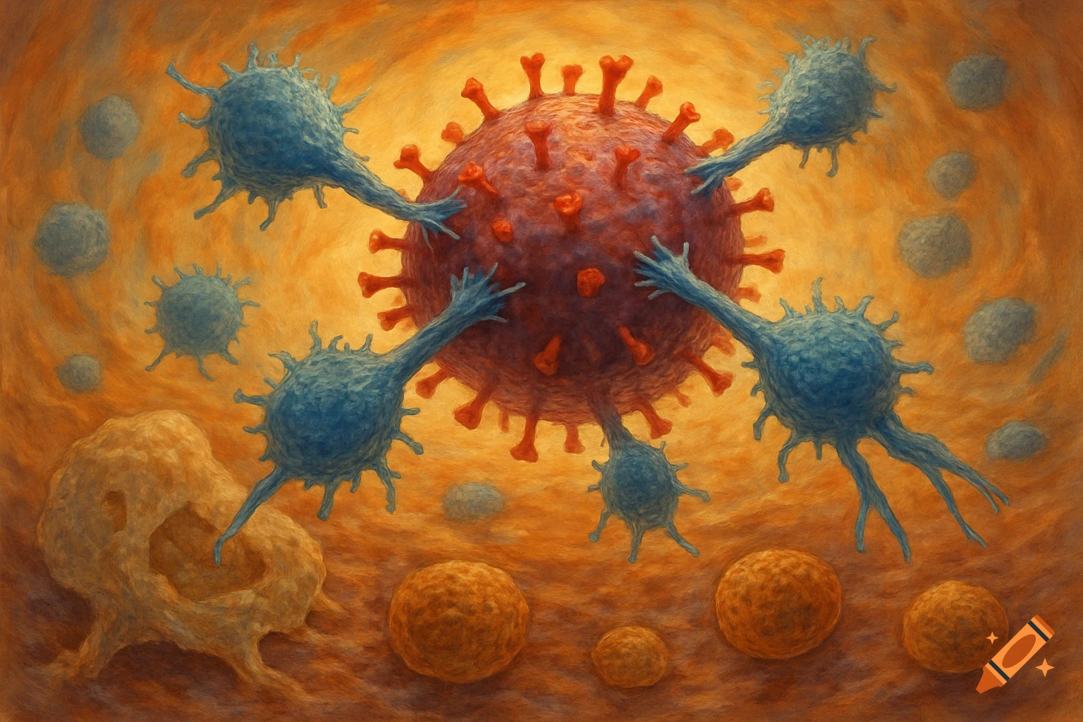 Illustration of immune cells attacking a virus.