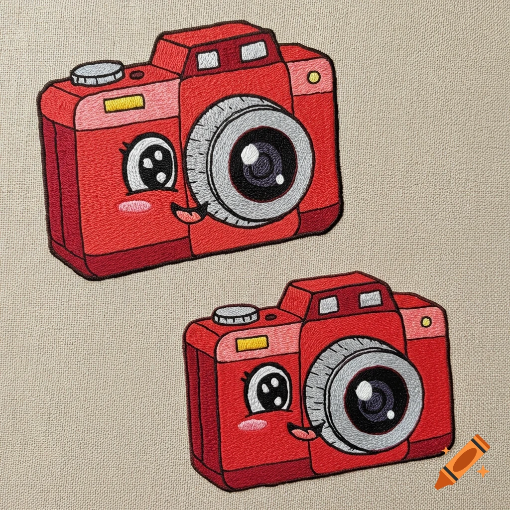 Two cute cartoon red embroidered cameras with faces on fabric.