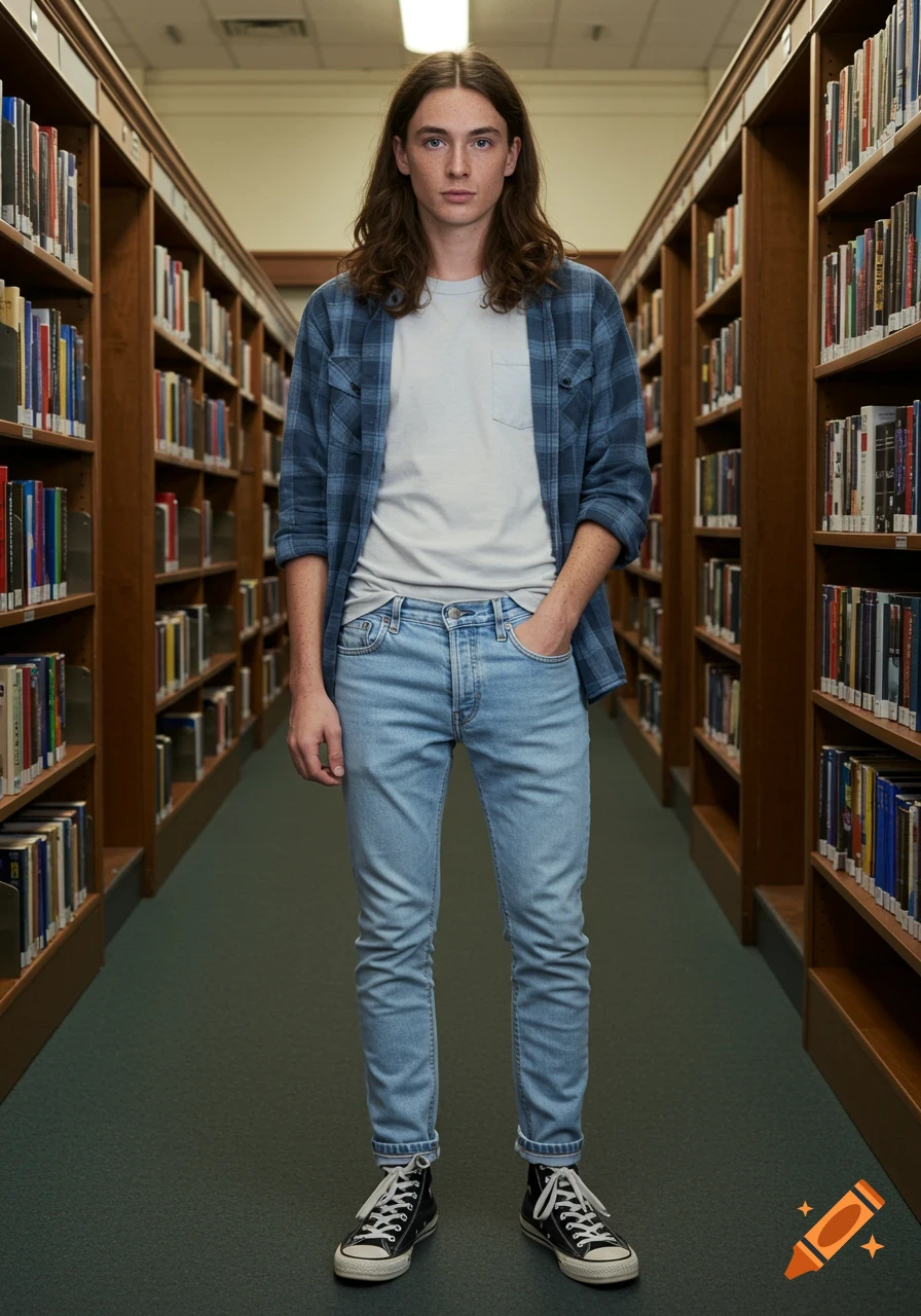 A young man with long brown hair stands in a library aisle.