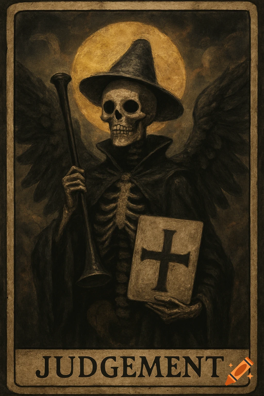 A skeletal figure wearing a hat and cloak, with wings, holds a trumpet and a book with a cross. The word JUDGEMENT is below. Dark, stylized art.