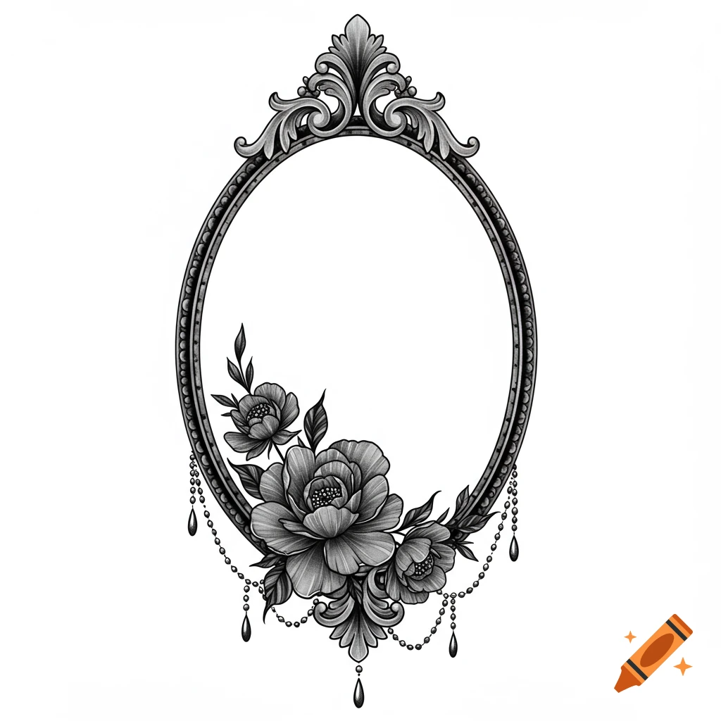 Black and grey illustration of an ornate oval frame with flowers and beaded accents.