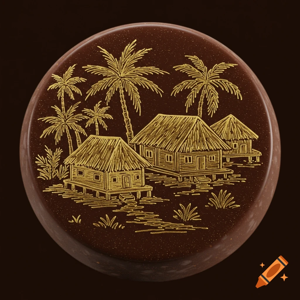 Dark chocolate disc with a golden etched tropical village scene, showing thatched houses and palm trees.