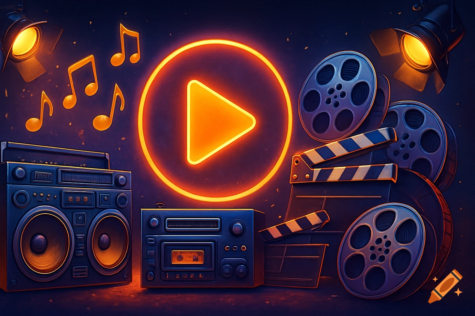 Illustration of music and movie items including a boombox, film reels, clapperboard, and glowing play button.