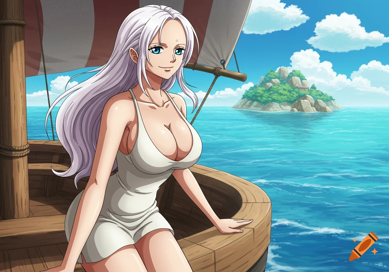 Anime style woman on a boat sailing towards an island