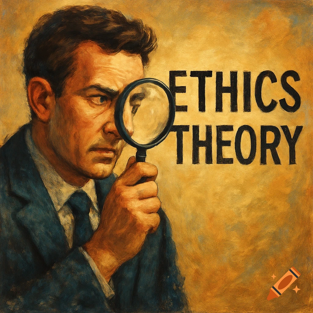 Man in a suit looking through a magnifying glass at the words ETHICS THEORY. Painterly style.