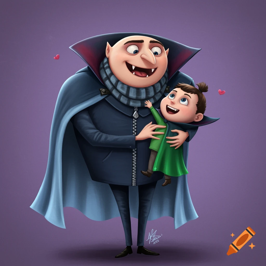 Cartoon illustration of Gru dressed as a vampire holding his son, Gru Jr., wearing a green cape, with hearts in the background.