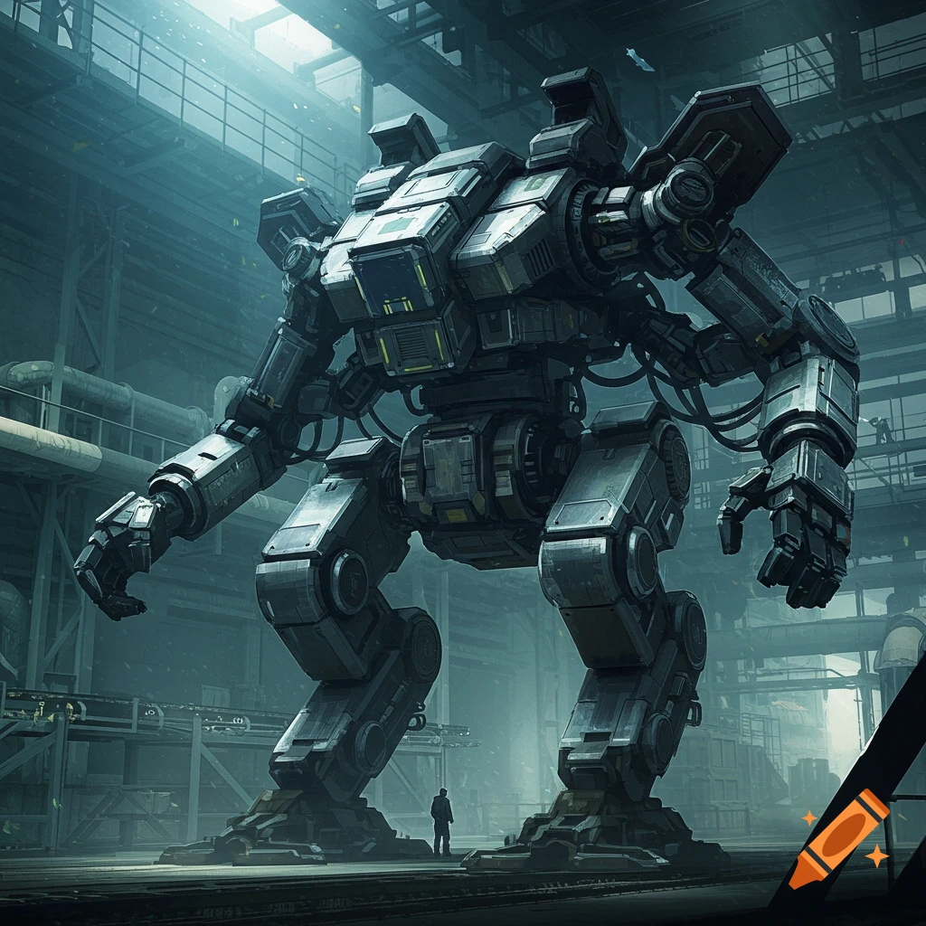 A large industrial robot stands in a vast factory.