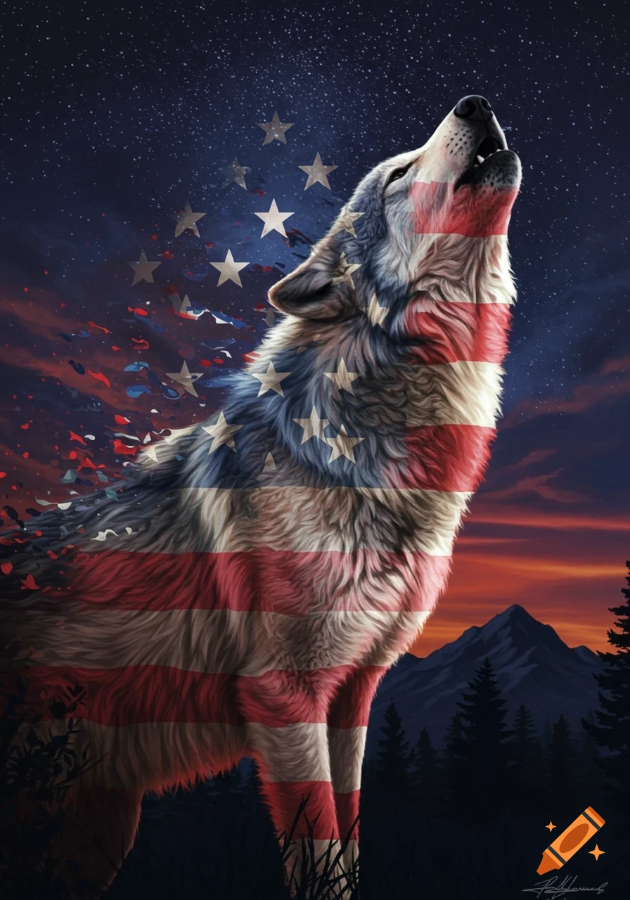 Digital art of a wolf howling, covered in a US flag pattern, against a starry sky with mountains.