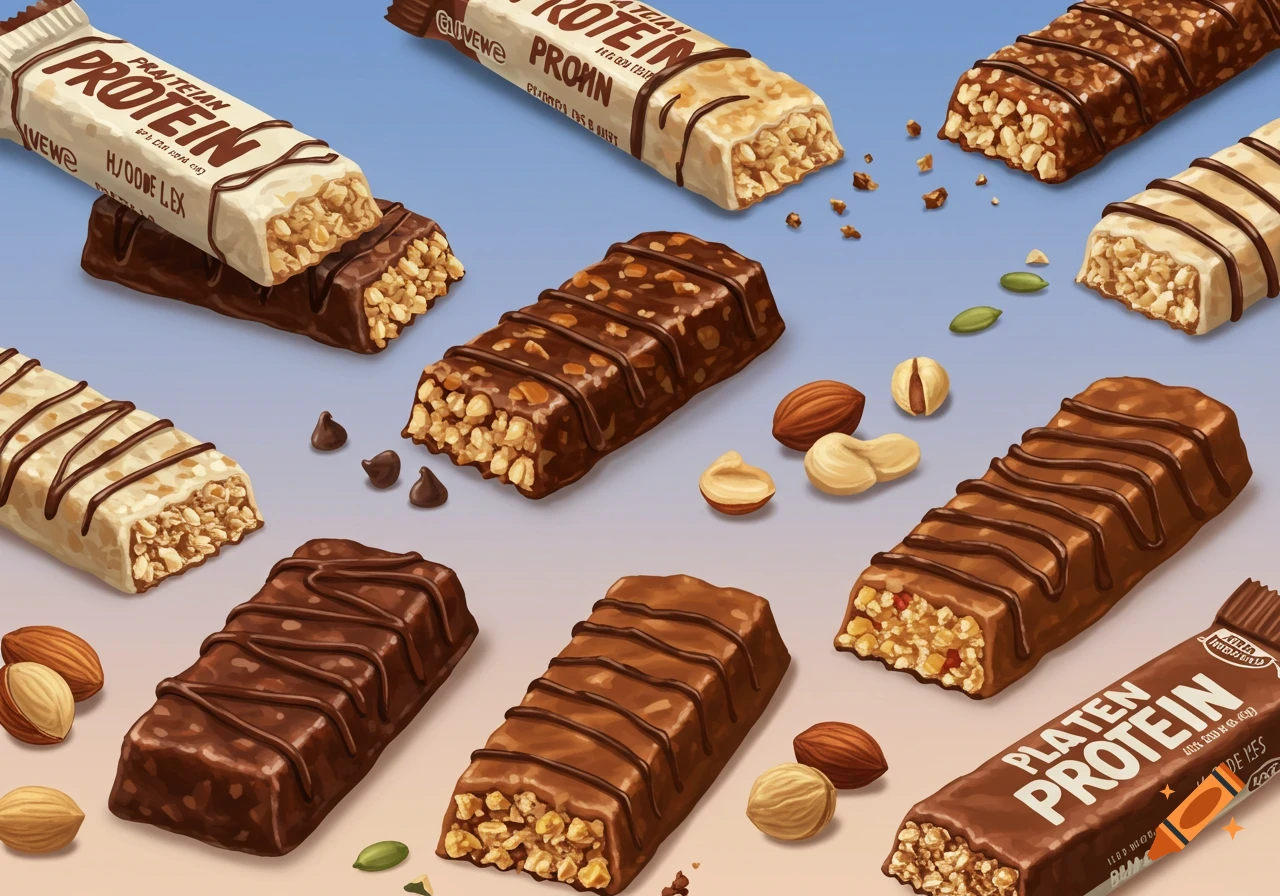 Multiple protein bars and nuts on a blue background.
