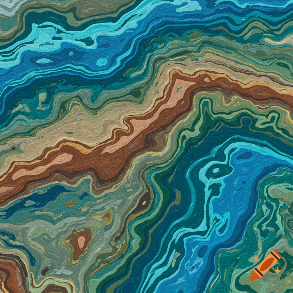 Abstract pattern of swirling layers in blue, green, and brown with a textured surface, resembling a topographic map.