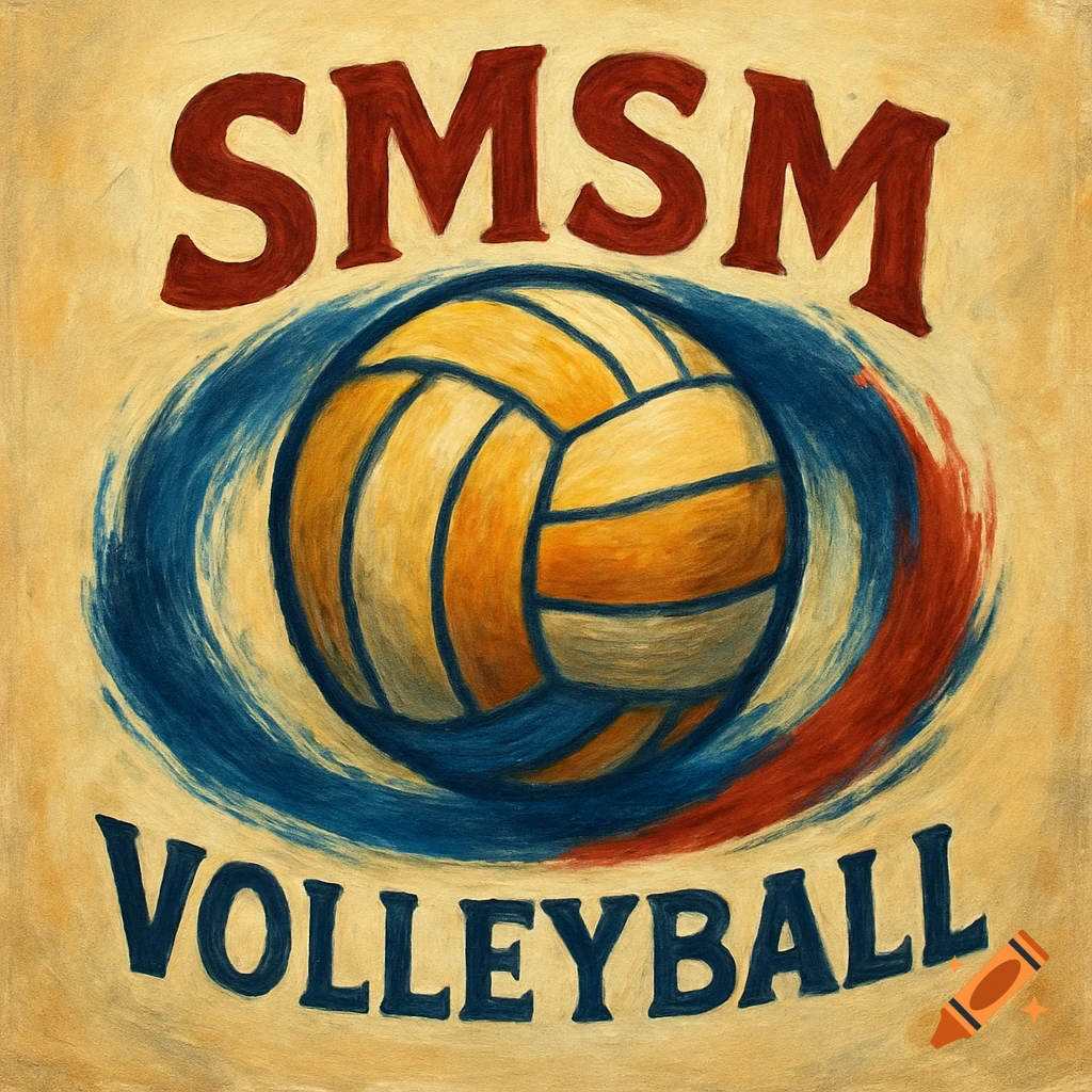 A painterly logo featuring a volleyball with text 'SMSM' above and 'VOLLEYBALL' below.