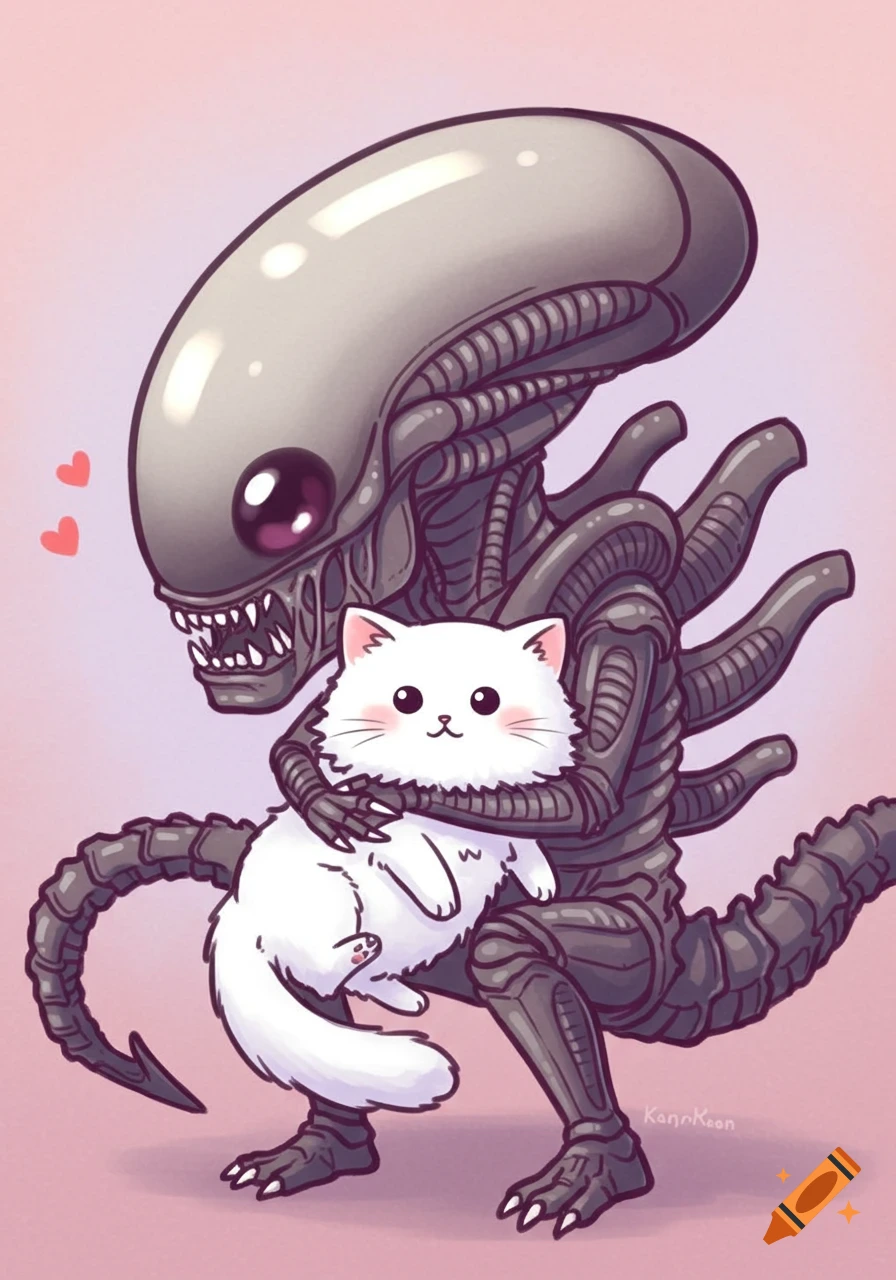 Kawaii cartoon drawing of a Xenomorph alien holding a fluffy white cat.
