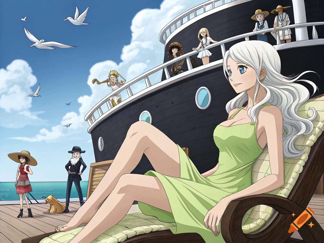Anime image of a woman in a green dress relaxing on a ship deck with other characters in the background.