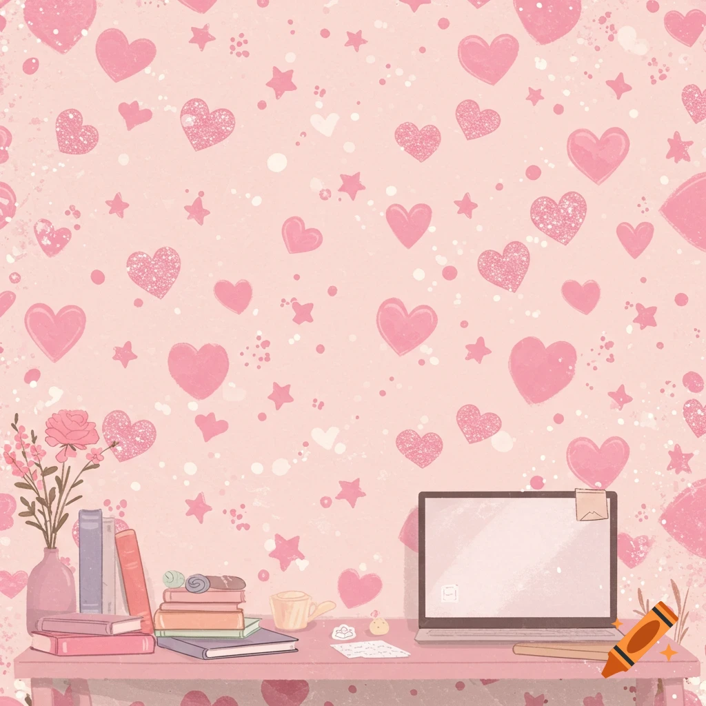 Pink illustrated wallpaper featuring a desk with books, a vase of flowers, a laptop, and a background of hearts and stars.