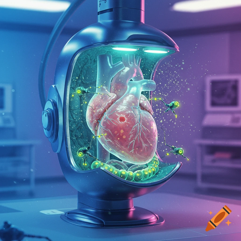 Futuristic medical apparatus holding a human heart surrounded by small repair robots in a laboratory.