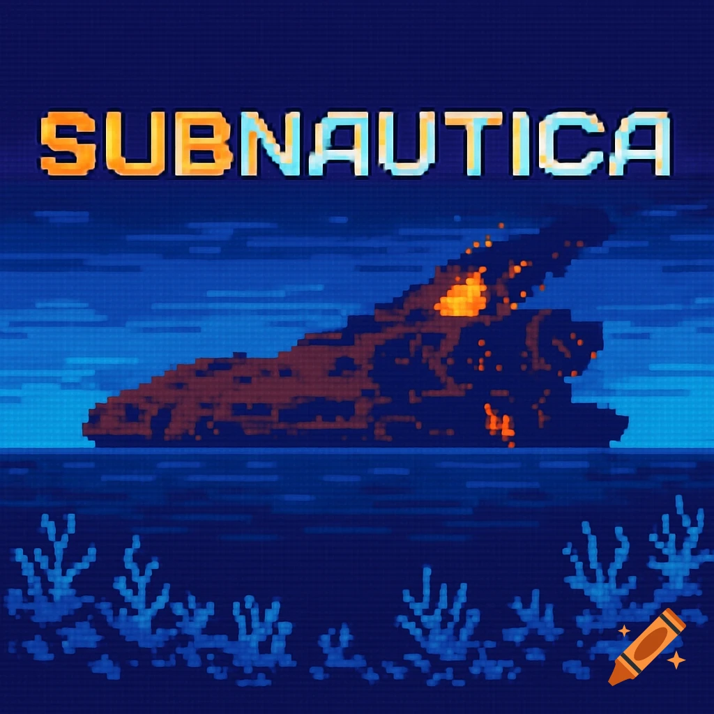 Pixel art Subnautica title screen with a burning ship wreck in the background.
