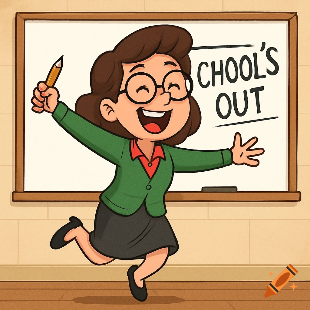 Cartoon teacher jumps for joy in front of a whiteboard that says 'CHOOL'S OUT'