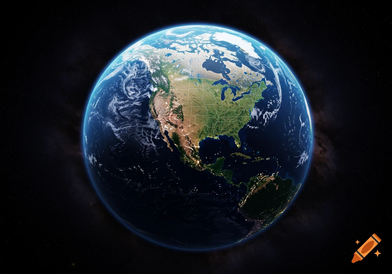 Photorealistic view of Earth from space showing North America at night and day