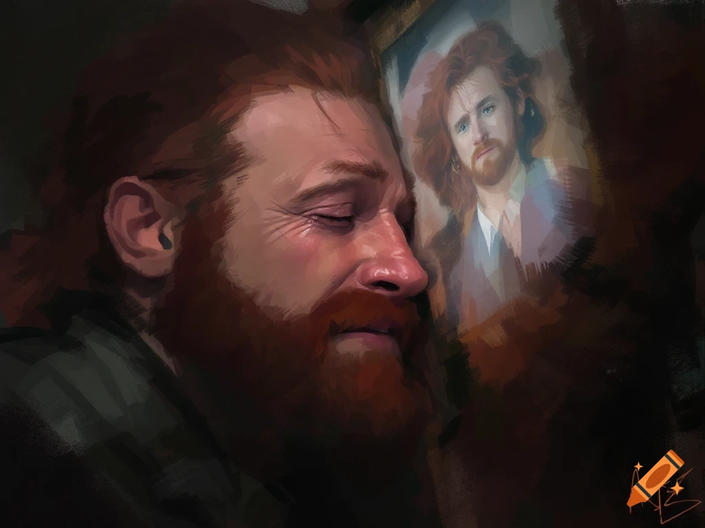 Bearded man crying while looking at a portrait in a painterly style.