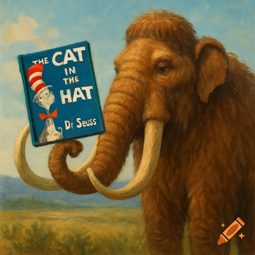 Painting of a woolly mammoth holding 'The Cat in the Hat' book with its trunk in a field.