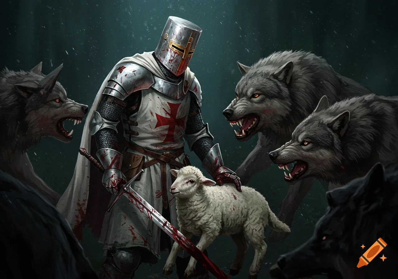 A templar knight with a sword defends a lamb against snarling wolves in a dark forest, digital painting.