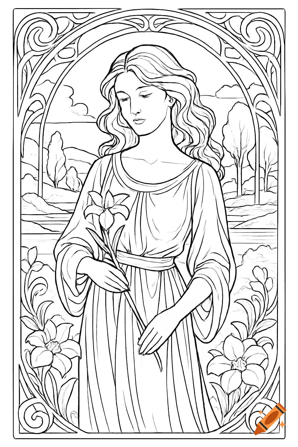 Line art coloring page of a woman in Art Nouveau style holding a lily with scenery.