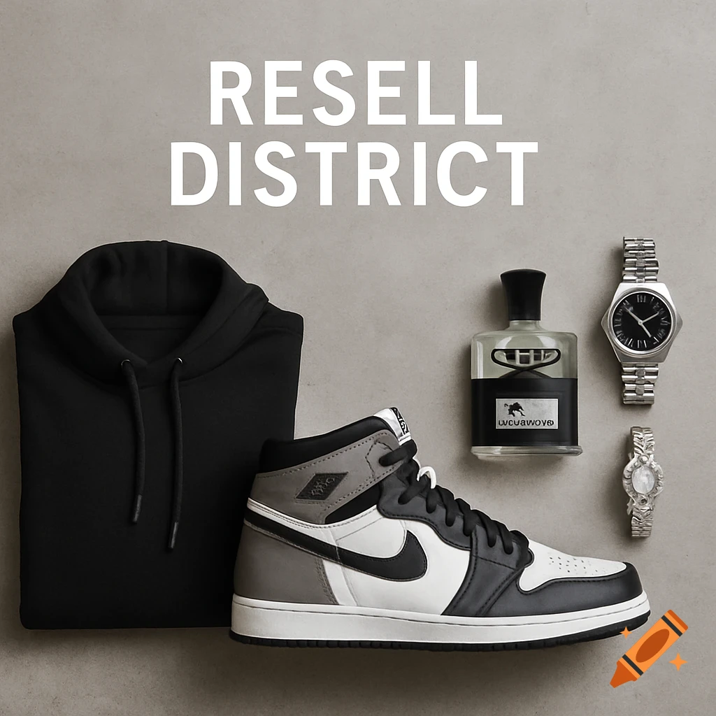 Flat lay of a black hoodie, grey and white sneaker, cologne bottle, and two watches with 'RESELL DISTRICT' text.