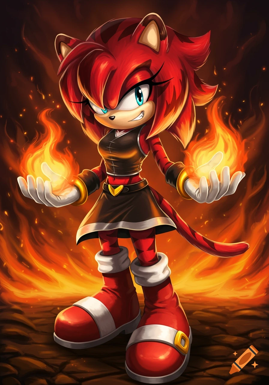 A red tiger Mobian with black stripes holds fire in their hands, surrounded by flames.
