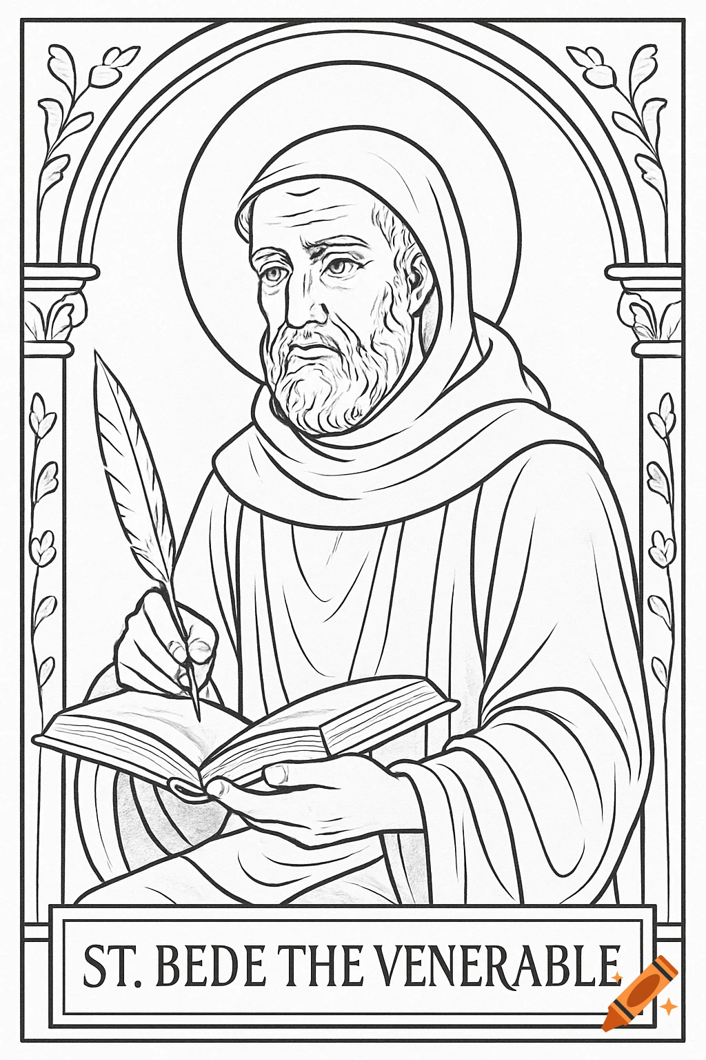 Line drawing of St. Bede the Venerable writing in a book.