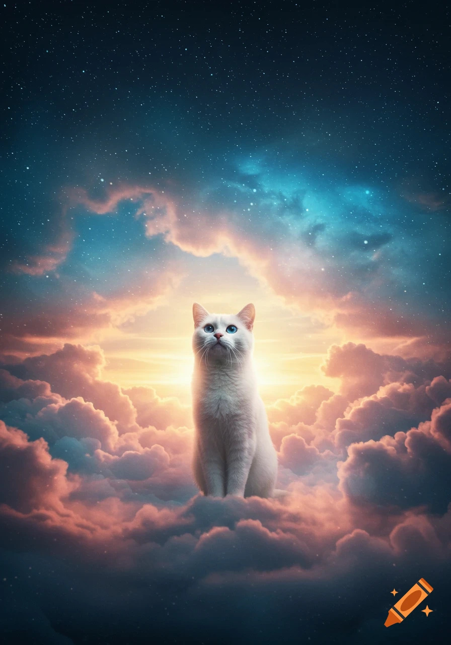 A white cat sits on fluffy clouds in a starry sky with a sunset glow.