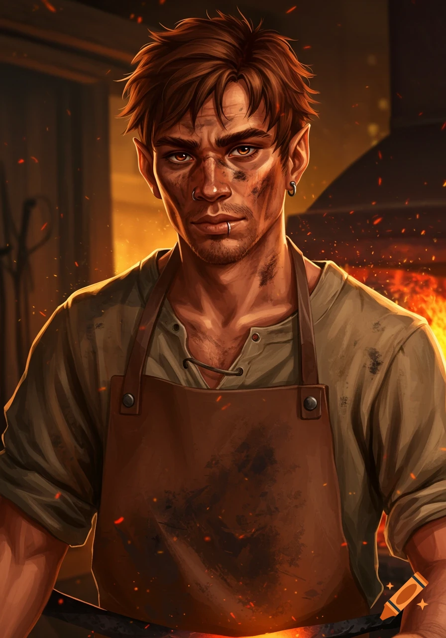 An illustration of a young male blacksmith with dirty skin and brown hair, wearing an apron in a forge.