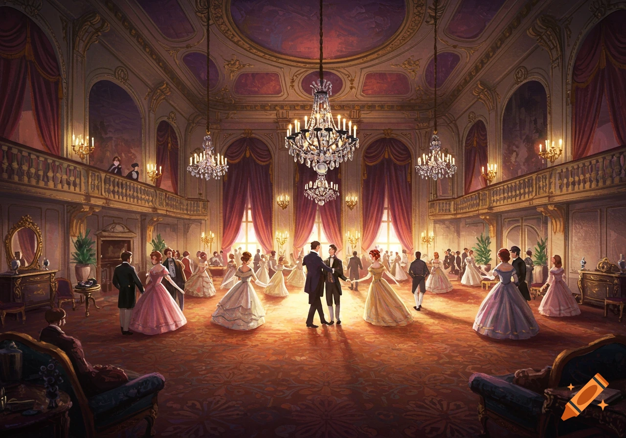 A grand ballroom scene with people in historical attire dancing under large chandeliers.