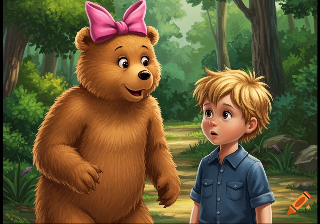A cartoon bear with a pink bow talks to a boy in a forest.