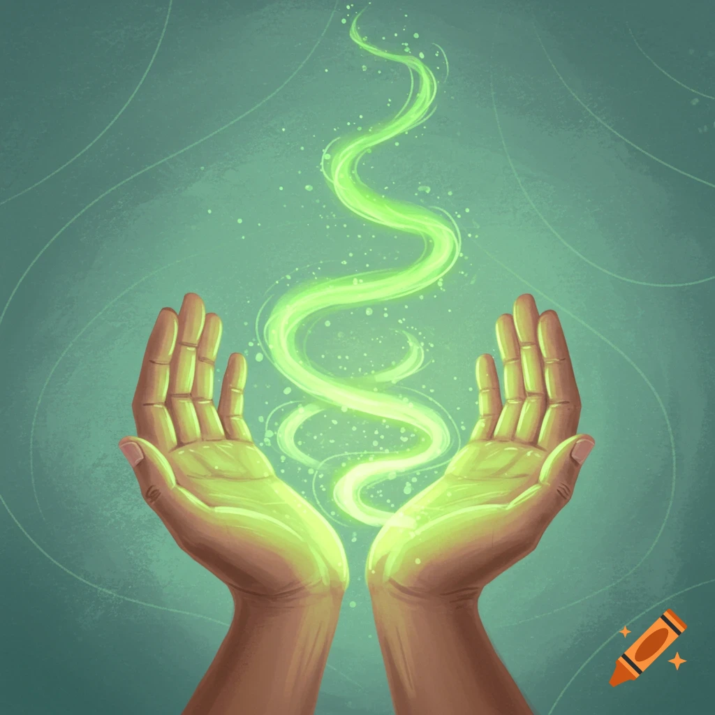Two hands hold glowing green energy.