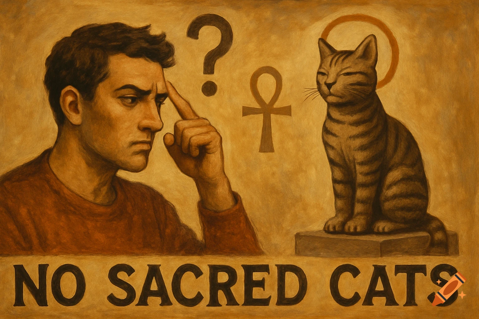 Painting of a man pondering next to a cat with a halo, question mark, and ankh, with text 'NO SACRED CATS'.