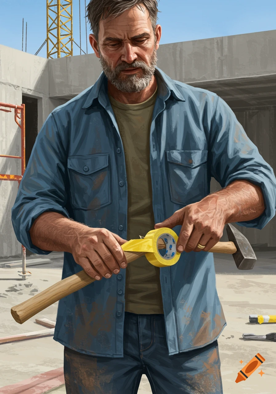 Illustrative portrait of a construction worker taping a hammer handle