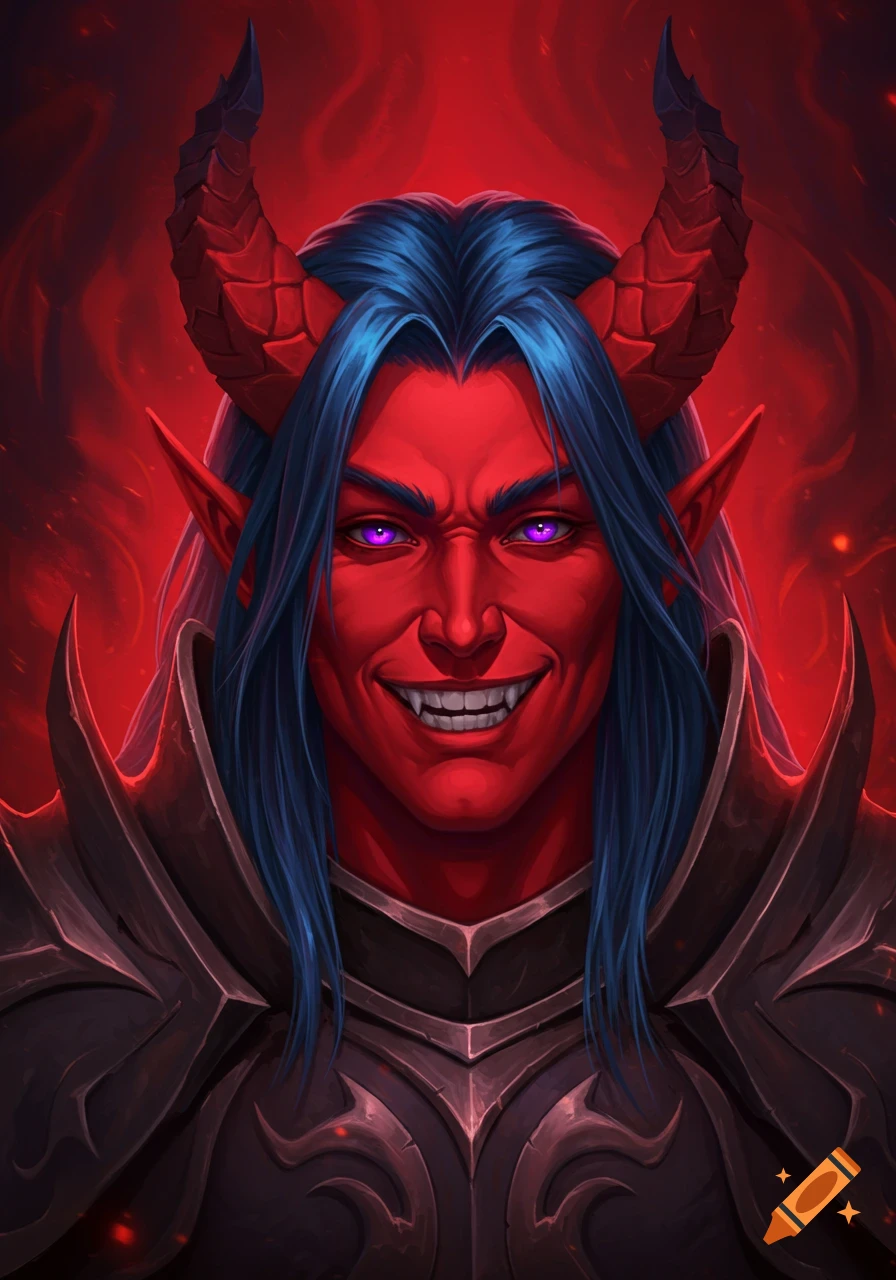 A portrait of a red-skinned devil with blue hair, purple eyes, horns, fangs, and armor, smiling