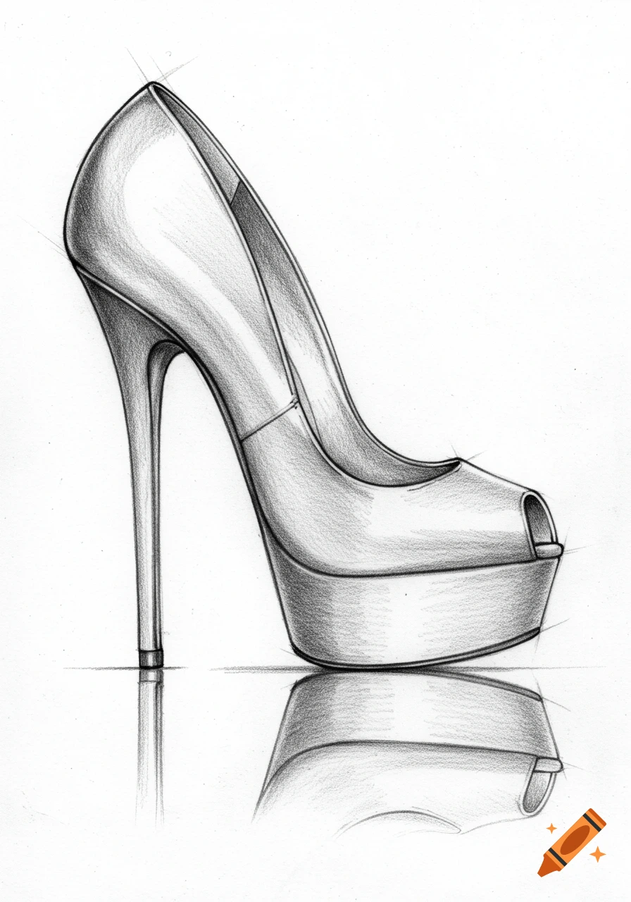 Pencil sketch of a high heel shoe with a reflection.