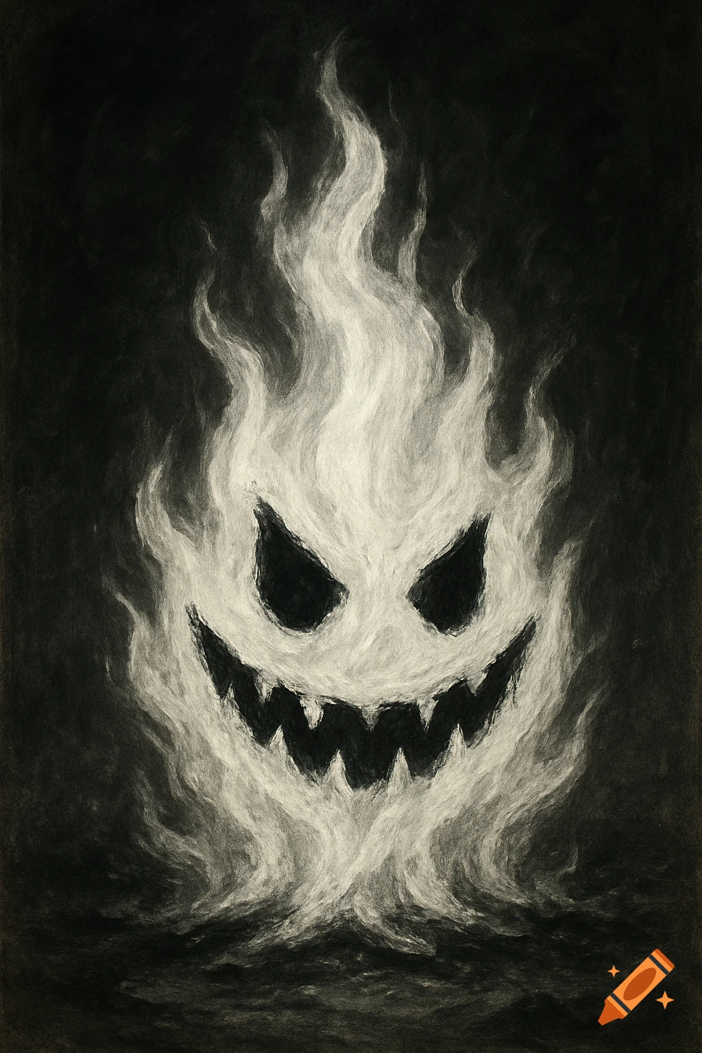 A spooky jagged face made of white fire on a black background, in a dark drawing style.