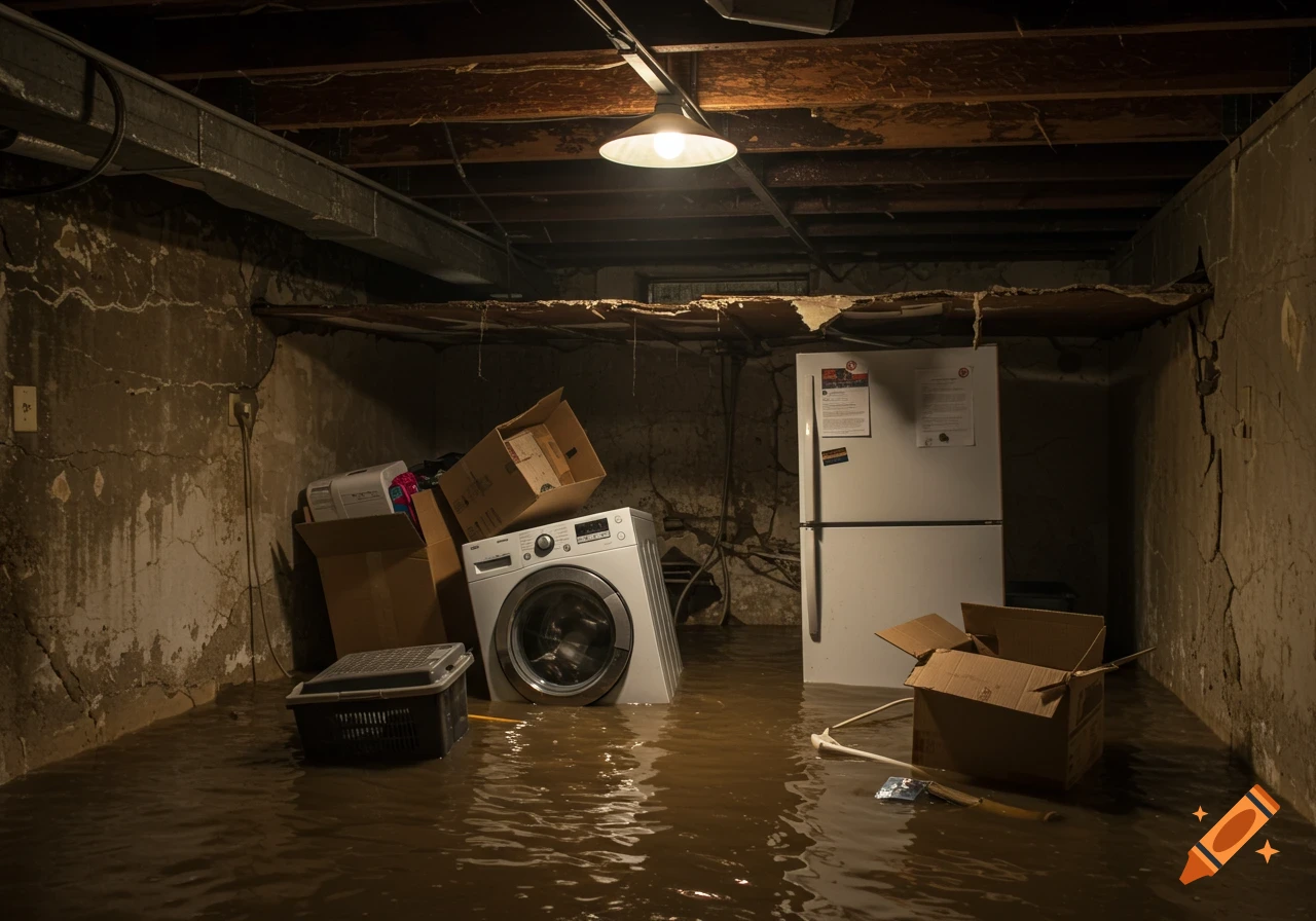 A dark, flooded basement with a washing machine, refrigerator, and boxes partially submerged in muddy water.