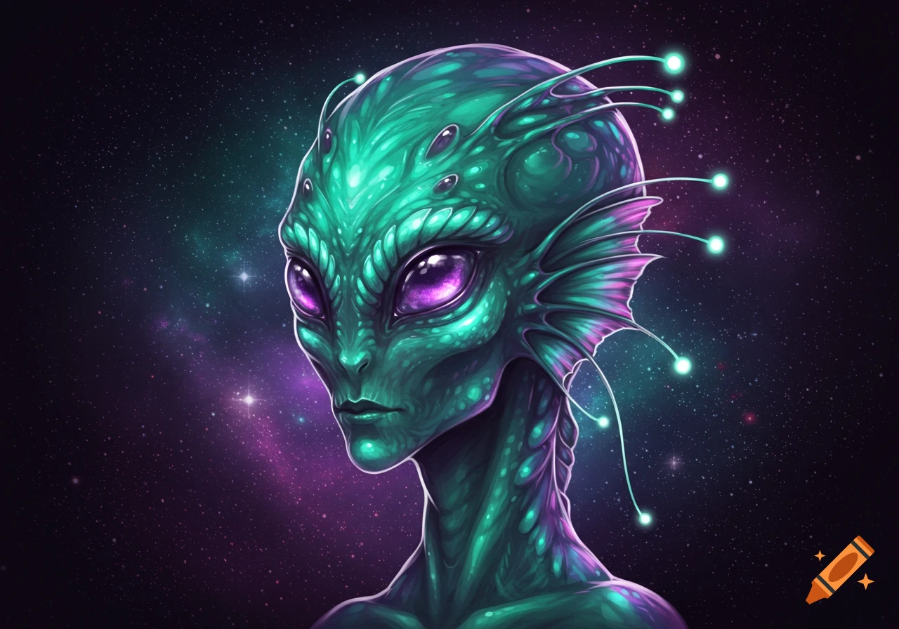 Close-up of a green alien head with purple eyes and fins against a starry space background.